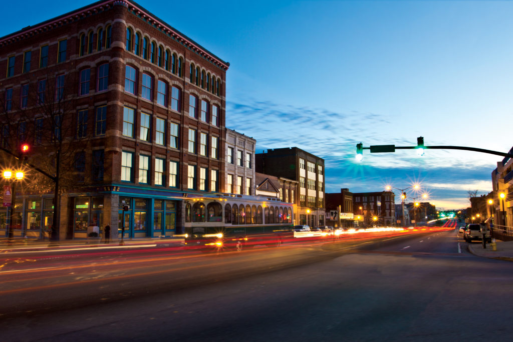 An image of downtown Macon at night.